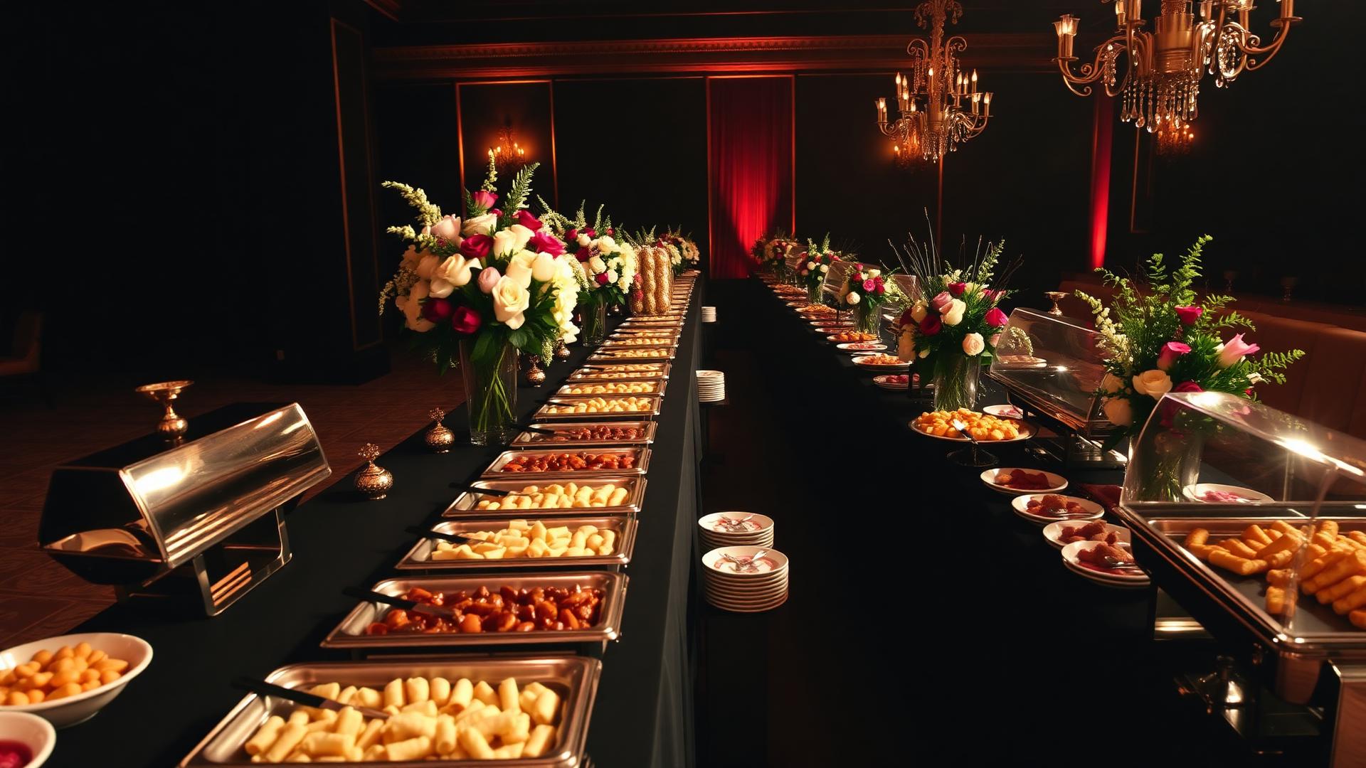 Catering spread of Southern brunch dishes on a long table