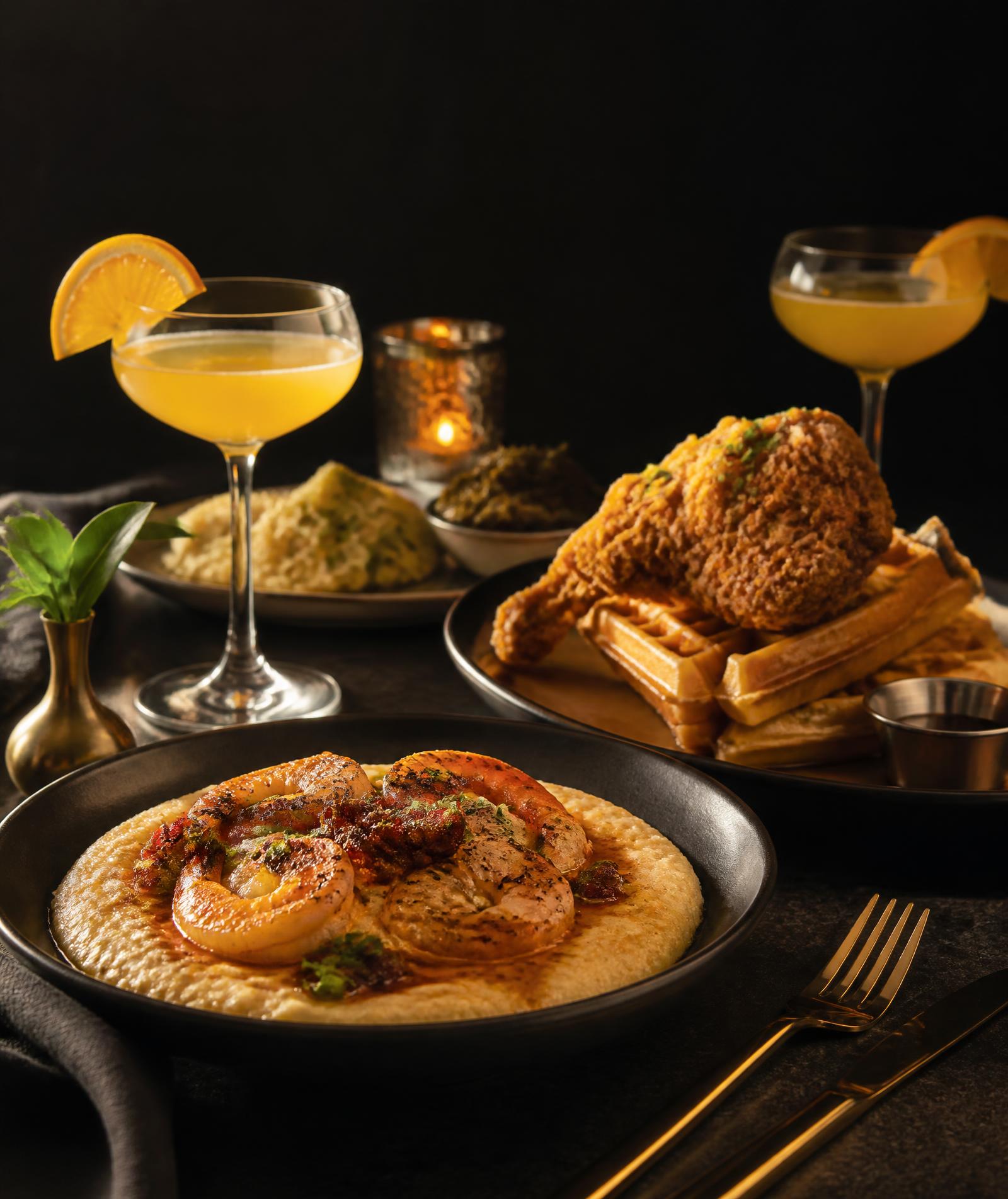 Southern brunch spread with shrimp and grits, chicken and waffles and mimosas
